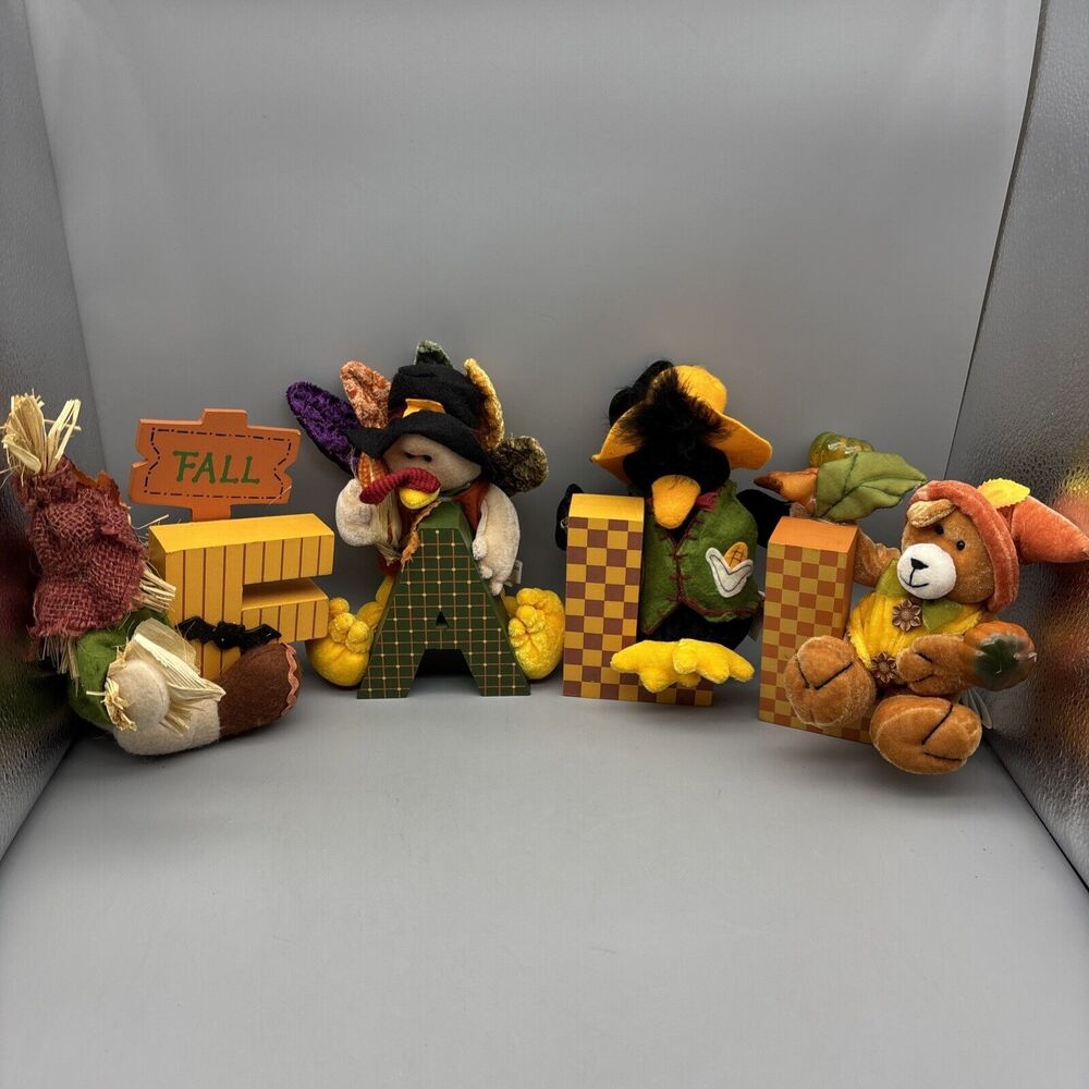 Home Interiors Fall Decorations Autumn Plush Scarecrow Crow Bear & Turkey 6-8”